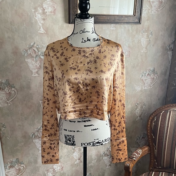 ZARA SATIN GOLD BROWN FLORAL CROP TOP LARGE - Picture 4 of 6